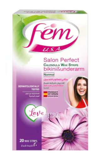 Fem Salon Perfect Bikini And Underarm Calendula Wax Strips For Normal Skin 20 Pieces